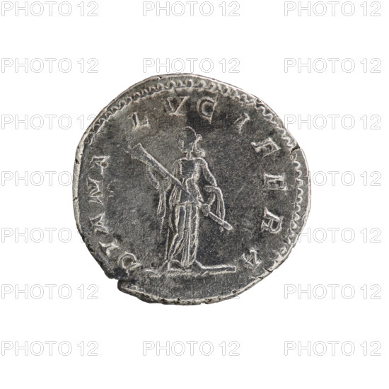 Denarius of Caracalla (188–217; Roman emperor 198–217) featuring Julia Domna (ca. 160–217; Roman empress 193–211). Obverse: IVLIA PIA FELIX AVG — bust of Julia Domna facing right, pearl border. Reverse: DIANA LVCIFERA — Diana standing left, holding a lit torch in both hands, pearl border. Date: 211–217. Roman Empire. Rome. Coin; diameter 17.5 mm, weight 3.20 g.