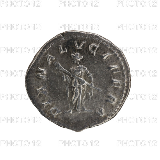 Denarius, Caracalla (188–217; Roman emperor 198–217) and Julia Domna (ca. 160–217; Roman empress 193–211). Obverse: bust of Julia Domna facing right, pearl border, inscription 'IVLIA PIA FELIX AVG'. Reverse: Diana Lucifera standing left, holding a lit torch in both hands, pearl border. Date: 211–217. Roman Empire. Coin. Diameter 18.0–19.0 mm; weight 3.30 g.