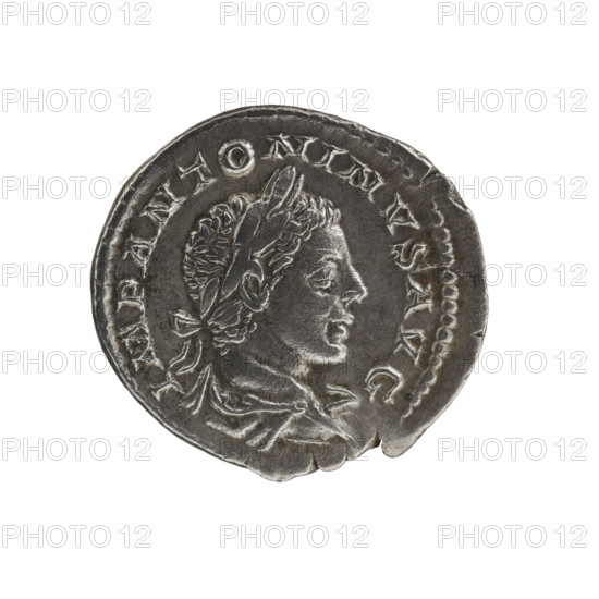 Denarius of Elagabalus (reigned 218–222), Roman Empire, 219–220. Obverse: IMP ANTONINVS AVG — bust of Elagabalus with laurel wreath and paludamentum facing right, pearl rim. Reverse: LAETITIA PVBL — Laetitia (personification) standing left, holding a patera in her right hand and a rudder in her left, pearl rim. Coin; diameter ~18.0–19.0 mm; weight 3.07 g.