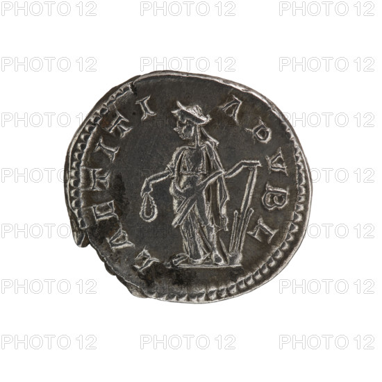 Denarius, Elagabalus (Roman emperor, 218–222 CE). Obverse: Bust of Elagabalus with laurel wreath and paludamentum facing right; inscription IMP ANTONINVS AVG; pearl rim. Reverse: LAETITIA PVBL; Laetitia standing left, holding a patera in her right hand and a rudder in her left; pearl rim. Dated 219–220 CE. Roman Empire; Rome. Coin. Diameter ca. 18–19 mm; weight 3.07 g.