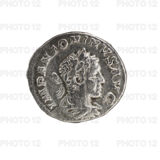 Denarius, Elagabalus (reigned 218–222 CE), Roman Empire. Obverse: Bust of Elagabalus with a laurel wreath and paludamentum facing right; legend IMP ANTONINVS AVG; pearl border. Reverse: Half-naked Jupiter seated on a throne facing left, holding an eagle in his outstretched right hand and resting his left hand on a long scepter; legend PM TR P III COS III PP; pearl border. Date: 220 CE. Coin: silver; diameters 16.5–18.0 mm; weight 2.95 g.