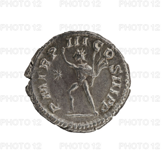 Denarius, Elagabalus (204–222; Roman emperor 218–222). Obverse: Bust of Elagabalus with laurel wreath and paludamentum facing right, pearl rim, inscription IMP ANTONINVS PIVS AVG. Reverse: Naked Sol in a cloak over his shoulder, striding left, right hand raised, holding a whip in his left, pearl rim, inscription PM TR P III COS III P P. Date: 220. Roman Empire (27 BC–476). Coin; dia. 18.0–18.5 mm; weight 2.60 g.