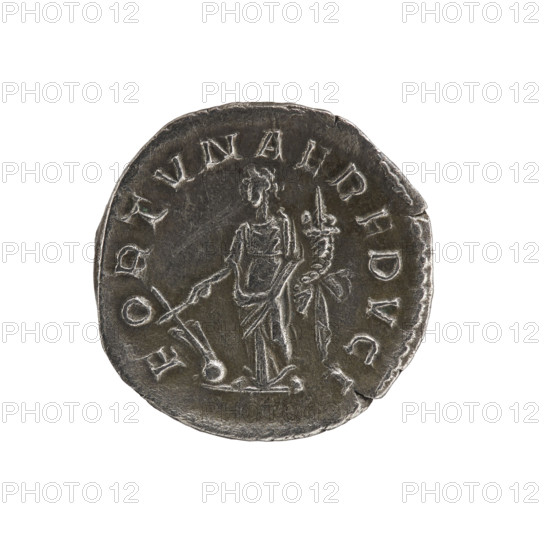 Denarius, Elagabalus (204–222; Roman emperor 218–222). Obverse: Bust of Elagabalus with laurel wreath and paludamentum facing right, pearl rim, inscription IMPANTONINVSPIVSAVG. Reverse: Fortuna standing straight, head turned left, holding a rudder on a sphere in her right hand and a cornucopia in her left, pearl rim. Date: 220–222. Roman Empire (27 BC–476). Rome. Coin. Diameter 18.5–19.5 mm. Weight 3.00 g.