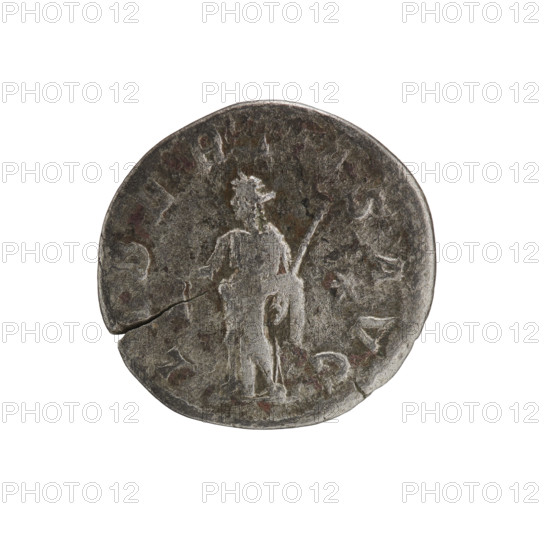 Denarius of Elagabalus (reigned 218–222), Roman Empire, 220–222. Obverse: bust of Elagabalus wearing laurel wreath, armor and paludamentum, facing right; inscription IMP ANTONINVS PIVS AVG; pearl border. Reverse: Libertas standing left, holding a pileus in her right hand and a long scepter in her left; inscription LIBERTAS AVG; pearl border. Coin; diameter c. 17.5–18.0 mm; weight 2.38 g.