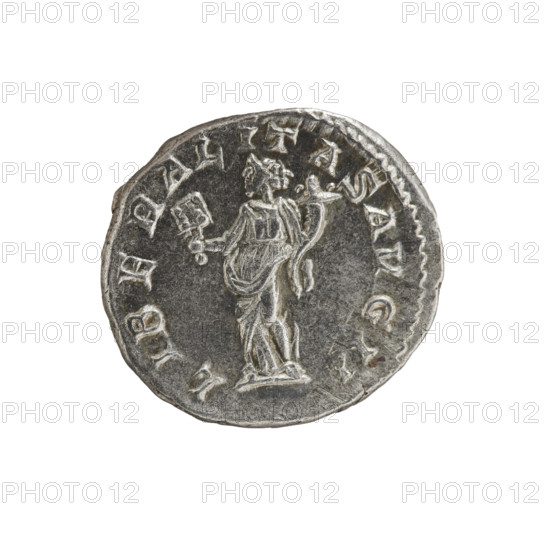 Denarius, Elagabalus (reigned 218–222), Roman Empire, 220–222. Obverse: IMP ANTONINVS PIVS AVG — Bust of Elagabalus with laurel wreath and paludamentum facing right, pearl border. Reverse: LIBERALITAS AVG II — Liberalitas standing left, holding an abacus in her right hand and a cornucopia in her left, pearl border. Subject/personification: Liberalitas. Coin type/material: Roman silver coin. Diameter: 16.5–18.0 mm. Weight: 3.43 g.