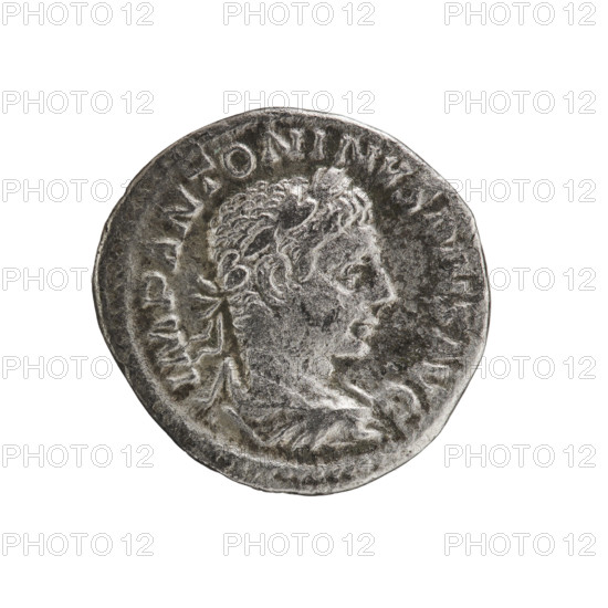 Denarius of Elagabalus (reigned 218–222 CE), Roman Empire, 220–222. Obverse: Bust of Elagabalus with laurel wreath and paludamentum, right; inscription IMP ANTONINVS PIVS AVG; pearl border. Reverse: Three legionary banners, central one topped with an eagle; inscription ES MILITVM; pearl border. Coin: diameter 19.0 mm, weight 2.96 g.