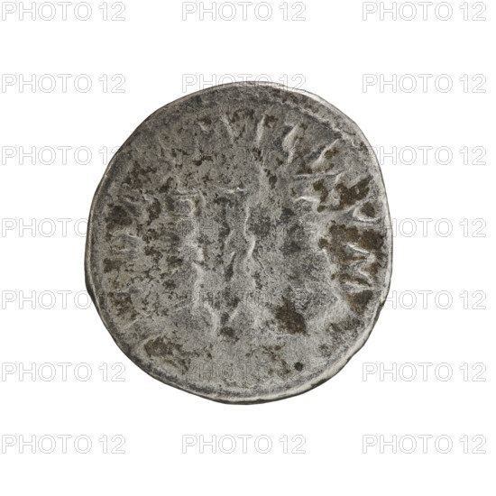 Denarius of Elagabalus (reigned 218–222 AD), Roman Empire. Obverse: Bust of Elagabalus with laurel wreath and paludamentum, right; inscription IMP ANTONINVS PIVS AVG; pearl border. Reverse: Three legionary banners with central eagle, inscription ES MILITVM; pearl border. Dated 220–222. Coin: dia. 19.0 mm, weight 2.96 g.