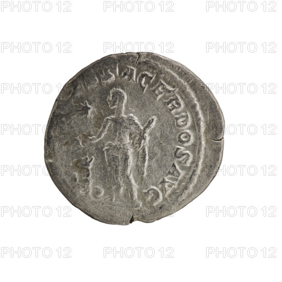 Denarius, Elagabalus (reigned 218–222 CE). Obverse: Bust of Elagabalus with laurel wreath and paludamentum facing right; inscription IMP ANTONINVS PIVS AVG; pearl border. Reverse: Elagabalus in a laurel wreath and long robe standing left, right hand holding a patera raised above an altar, left hand holding a club; a bull lies beside the altar; star in the left field; pearl border. Date: 220–222 CE. Roman Empire. Coin: diameter 18.0 mm, weight 2.89 g.
