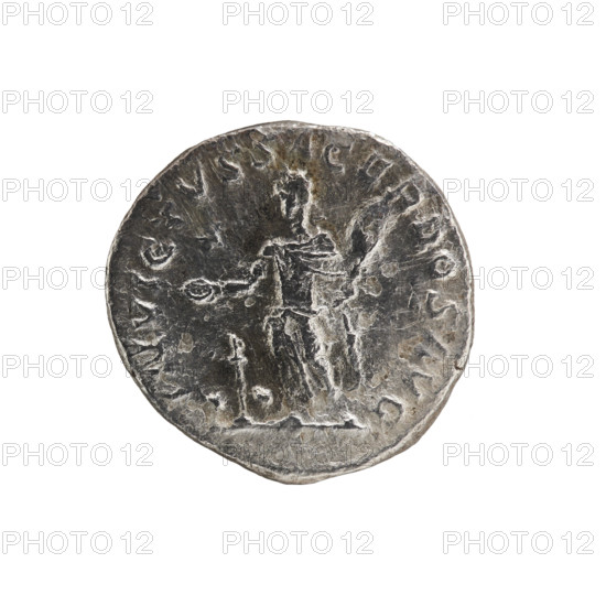 Denarius of Elagabalus (reigned 218–222), Roman Empire, c. 220–222. Obverse: Bust of Elagabalus wearing a laurel wreath and paludamentum, facing right; inscription IMP ANTONINVS PIVS AVG; pearl border. Reverse: Elagabalus (as invictus sacerdos) wearing a laurel wreath and long robe, standing left, holding a patera over an altar in his right hand and a club in his left; a bull lies behind the altar, a star in the left field; inscription INVICTVS SACERDOS AVG; pearl border. Coin (Rome), diameter ca. 17.0–17.5 mm, weight 3.00 g.