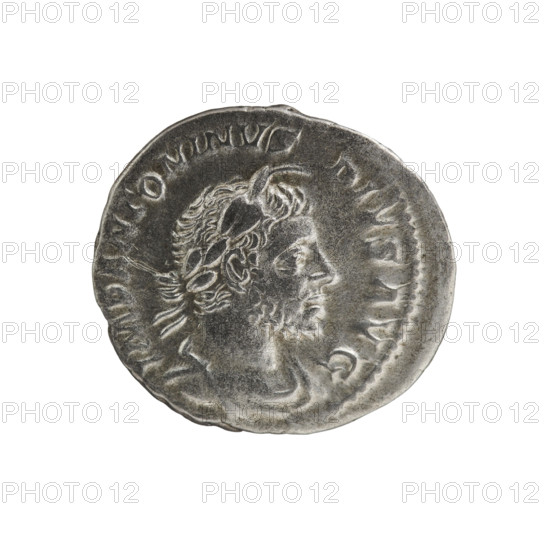 Denarius of Elagabalus (Roman emperor 218–222), 220–222. Obverse: IMP ANTONINVS PIVS AVG — Bust of Elagabalus with laurel wreath and paludamentum facing right, pearl rim. Reverse: INVICTVS SACERDOS AVG — Elagabalus wearing a laurel wreath and long robe stands facing left, holds a patera above an altar in his right hand and a club in his left; a bull lies behind the altar; a star in the left field, pearl rim. Roman Empire; coin. Diameter 18.5–19.0 mm; weight 3.16 g.