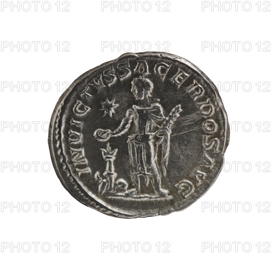 Denarius of Elagabalus (reigned 218–222). Obverse: IMPANTONINVS PIVSAVG — Bust of Elagabalus with laurel wreath and paludamentum facing right; pearl rim. Reverse: INVICTVSSACERDOSAVG — Elagabalus wearing a laurel wreath and long robe stands facing left, holds a patera above an altar in his right hand and a club in his left; a bull lies behind the altar; a star in the upper left field; pearl rim. Date: 220–222. Roman Empire. Rome. Coin: diameter 18.5–19.0 mm; weight 3.16 g.