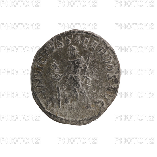 Denarius, Elagabalus (204–222; Roman emperor 218–222), Roman Empire. Obverse: Bust of Elagabalus with a laurel wreath and paludamentum facing right, pearl border, inscription 'IMP ANTONINVS PIVS AVG'. Reverse: Elagabalus wearing a laurel wreath and a long robe stands facing left, holds a patera above an altar in his right hand and a club in his left; a bull lies behind the altar, a star at the top left field, pearl border, inscription 'INVICTVS'. Date: 220–222. Material: coin. Dimensions: diameters 17.0 mm and 18.5 mm; weight 2.95 g. Roman Empire (27 BC–476).