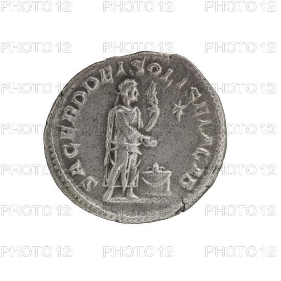 Denarius of Elagabalus (204–222; Roman emperor 218–222), Roman Empire, 220–222. Obverse: Bust of Elagabalus with a laurel wreath and paludamentum facing right, inscription 'IMP ANTONINVS PIVS AVG', pearl border. Reverse: Elagabalus wearing a laurel wreath and long robe stands facing right, holding a patera above an altar in his right hand and a club in his left; star in right field, inscription 'SACERD DEI SOLIS ELACAB', pearl border. Coin; diameter ~18–19 mm, weight 3.43 g.