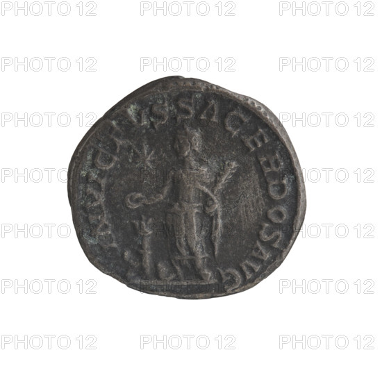 Denarius of Elagabalus (reigned 218–222 CE), Roman Empire, c. 220–222. Obverse: Bust of Elagabalus with laurel wreath and paludamentum facing right, pearl border, legend 'IMP ANTONINVS PIVS AVG.' Reverse: Elagabalus in a laurel wreath and long robe standing left, holding a patera above an altar in his right hand and a club in his left; a bull lies beside the altar; a star appears in the left field, pearl border, legend 'INVICTVS SACERDOS AVG.' Coin (Rome): diameter ~17–18 mm, weight 2.80 g.