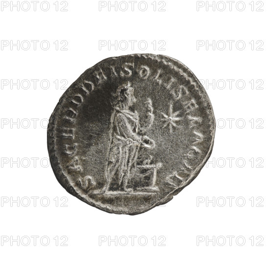 Denarius, Elagabalus (204–222; Roman emperor 218–222). Obverse: IMP ANTONINVS VSAVG — Bust of Elagabalus with laurel wreath and paludamentum facing right, pearl rim. Reverse: SACERD DEI SOLIS ELAGAB — Elagabalus wearing laurel wreath and long robe stands facing right, holding a patera above an altar in his right hand, a club in his left; a star in the right field, pearl rim. Date: 220–222. Roman Empire (27 BC–476), Rome. Coin: diameter 18.5 mm, weight 3.30 g.