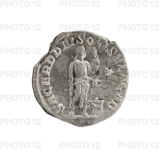 Denarius, Elagabalus (204–222; Roman emperor 218–222). Obverse: IMPANTONINVS PIVSAVG — Bust of Elagabalus with laurel wreath and paludamentum facing right, pearl rim. Reverse: SACERDDEISOLISELACAB — Elagabalus wearing a laurel wreath and a long robe stands facing right, holding a patera above an altar in his right hand and a mace in his left; a star in the right field, pearl rim. Date: 220–222. Roman Empire (27 BC–476). Rome. Coin. Diameter: 17.0–18.5 mm. Weight: 2.45 g.
