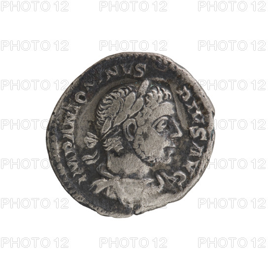 Denarius of Elagabalus (reigned 218–222 CE), Roman Empire, c. 220–222. Obverse: Bust of Elagabalus wearing a laurel wreath and paludamentum, facing right; legend IMP ANTONINVS PIV SAVG; pearl border. Reverse: Elagabalus standing facing right, wearing a laurel wreath and long robe, holding a patera above an altar in his right hand and a club in his left; star in right field; legend SACERD DEI SOLIS ELACAB; pearl border. Coin; diameter ~17–18 mm; weight 2.98 g.