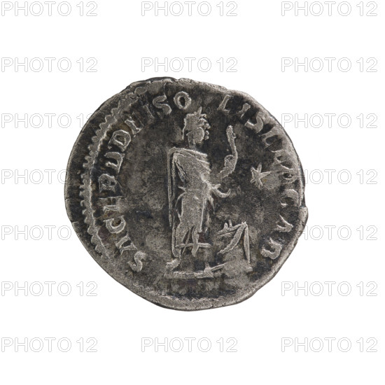 Denarius of Elagabalus (Roman emperor, 218–222), Roman Empire, 220–222. Obverse: Bust of Elagabalus with a laurel wreath and paludamentum facing right; legend IMP ANTONINVS PIV SAVG; pearl border. Reverse: Eliogabalus wearing a laurel wreath and long robe stands facing right, holding a patera above an altar in his right hand and a club in his left; star in the right field; legend SACERD DEI SOLIS ELAGAB; pearl border. Coin; diameter ~17–18 mm; weight 2.98 g.