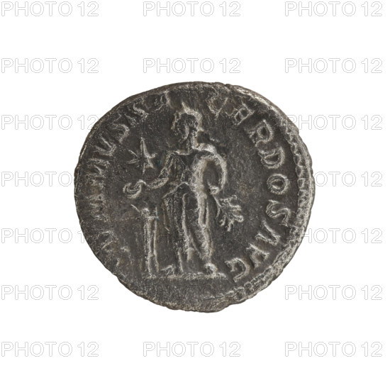 Denarius of Elagabalus (reigned 218–222). Obverse: IMP ANTONINVS PIVS AVG — bust of Elagabalus with laurel wreath and paludamentum facing right, beaded border. Reverse: SVMMVSSA CERDOS AVG — Elagabalus wearing laurel wreath and long robe, standing left, holding a patera above an altar in his right hand and a mace in his left hand; star in left field, beaded border. Date: 220–222. Roman Empire. Rome. Coin. Diameters: 17.0 mm and 19.0 mm. Weight: 2.59 g.