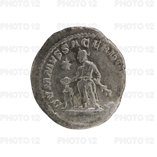 Denarius, Elagabalus (204–222; Roman emperor 218–222). Obverse: IMP ANTONINVS PIVS AVG — bust of Elagabalus with laurel wreath and paludamentum facing right, pearl rim. Reverse: SVMMVSSACERDO — Elagabalus wearing laurel wreath and long robe stands facing left, holding a patera above an altar in his right hand and a branch in his left hand; star in left field, pearl rim. Date: 220–222. Roman Empire (27 BC–476), Rome. Coin: diameter 17.5–18.0 mm, weight 2.35 g.