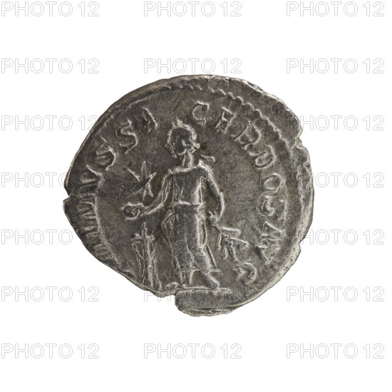 Denarius of Elagabalus (reigned 218–222). Obverse: IMP A PIVS AVG — Bust of Elagabalus with laurel wreath and paludamentum facing right; beaded/panelled rim. Reverse: MMVSSA CERDOS AVG — Elagabalus wearing a laurel wreath and long robe stands facing left, holding a patera above an altar in his right hand and a mace in his left hand; a star in the left field; beaded/panelled rim. Date: 220–222 CE, Rome, Roman Empire. Medium: coin. Diameter: 17.0–18.5 mm. Weight: 2.38 g.