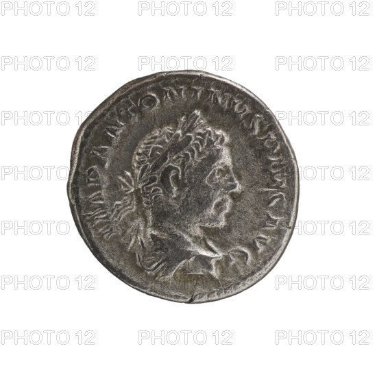 Denarius of Elagabalus (reigned 218–222). Obverse: Bust of Elagabalus with laurel wreath and paludamentum facing right; legend IMP ANTONINVS PIVS AVG; pearl border. Reverse: CONSERVATOR AVGG; Sol naked with a cloak on his shoulders striding left, right hand raised, holding a whip in his left hand, star in left field; pearl border. Dated 220–222. Roman Empire; coin, diameter 18.0 mm, weight 3.18 g.