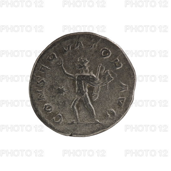 Denarius, Elagabalus (204–222; Roman emperor 218–222), Roman Empire. Obverse: Bust of Elagabalus with laurel wreath and paludamentum facing right, pearl border, inscribed 'IMP ANTONINVS PIVS AVG'. Reverse: Sol naked with a cloak on his shoulders striding left, right hand raised, holding a whip in his left hand, a star in the left field, pearl border, inscribed 'CONSERVATOR AVGG'. Date: 220–222. Coin. Diameter 18.0 mm, weight 3.18 g.