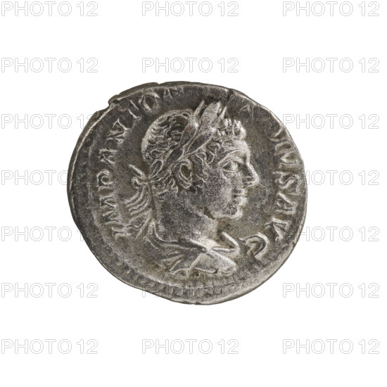 Denarius, Elagabalus (reigned 218–222), Roman Empire, 220–222. Obverse: IMP ANTO PIVS AVG — Bust of Elagabalus with laurel wreath and paludamentum facing right, pearl border. Reverse: VICTORIA AVG — Flying Victoria facing left, holding a garland in both hands, one oval shield in each field, a star in the right field, pearl border. Coin; diameter 17.0–18.0 mm; weight 3.08 g.