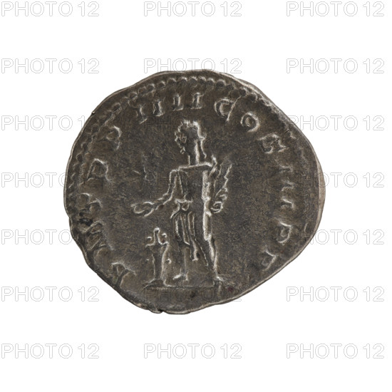 Denarius of Elagabalus (reigned 218–222). Obverse: IMPANTONINVS PIVSAVG — Bust of Elagabalus with laurel wreath and paludamentum facing right, pearl rim. Reverse: PMTRPIIIICOSIIIPP — Elagabalus with laurel wreath standing left, holding a patera above an altar in his right hand and a mace in his left; star in left field at top, pearl rim. Date: 221. Roman Empire (27 BC–476). Rome. Coin; diameter 18.5–19.5 mm; weight 3.45 g.