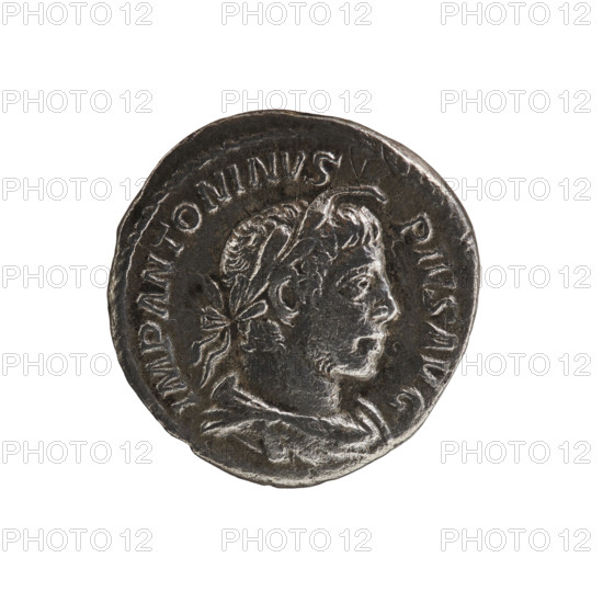 Denarius of Elagabalus (reigned 218–222 CE). Obverse: bust of Elagabalus with laurel wreath and paludamentum facing right, pearl border; inscription 'IMP ANTONINVS PIVS AVG'. Reverse: Elagabalus wearing a laurel wreath and long robe, standing left, holding a patera above an altar in his right hand and a club in his left; star in left field, pearl border; inscription 'PM TR P IIII COS III PP'. Roman Empire, 221 CE. Coin (Rome), diameter ca. 17.5–18.5 mm, weight 2.77 g.