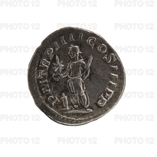 Denarius of Elagabalus (reigned 218–222). Obverse: Bust of Elagabalus with laurel wreath and paludamentum facing right; legend IMP ANTONINVS PIVS AVG; pearl border. Reverse: Elagabalus wearing a laurel wreath and long robe stands facing left, holding a patera above an altar in his right hand and a club in his left; star in left field; legend PM TR P IIII COS III PP; pearl border. Date: 221. Roman Empire. Coin. Diameter ca. 17.5–18.5 mm; weight 2.77 g.