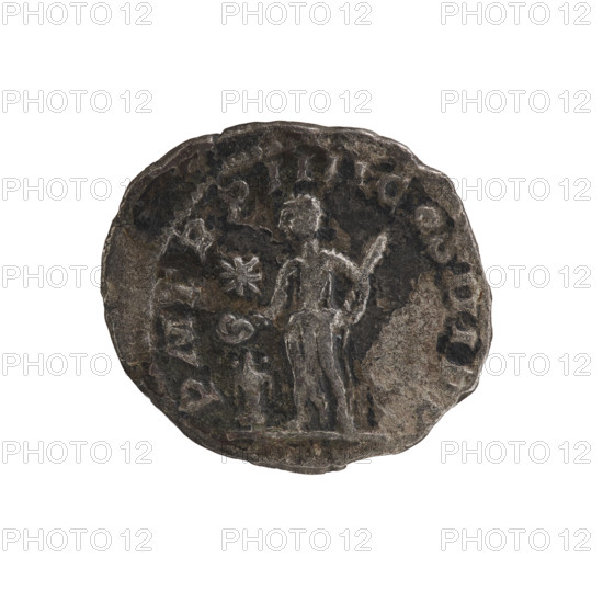 Denarius of Elagabalus (reigned 218–222 CE), Roman Empire, 221 CE. Obverse: Bust of Elagabalus with laurel wreath and paludamentum facing right; legend IMP ANTONINVS PIVS AVG; pearl border. Reverse: Elagabalus wearing a laurel wreath and long robe stands facing left, holding a patera above an altar in his right hand and a club in his left; a star in the left field; legend PM TR P IIII COS III PP; pearl border. Coin: silver denarius, diameter ca. 17–19 mm, weight 2.53 g.