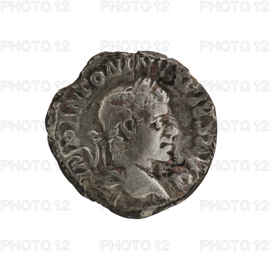 Denarius of Elagabalus (reigned 218–222 CE), Roman Empire. Obverse: Head of Elagabalus with laurel wreath facing right; inscription IMP ANTONINVS PIVS AVG; pearl border. Reverse: Providentia standing left, holding a staff in her right hand over a ball at her feet and a cornucopia in her left; inscription PM TR P IIII COS III PP; pearl border. Dated 221. Coin: diameter 18.0 mm, weight 2.27 g.