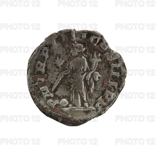 denarius, Elagabalus (204–222; Roman emperor 218–222). Roman imperial coin, 221. Obverse: IMP ANTONINVS PIVS AVG — head of Elagabalus with laurel wreath facing right, pearl border. Reverse: PM TR P IIII COS III PP — Providentia standing left; in her right hand a staff over a ball at her feet, in her left hand a cornucopia, pearl border. Coin: diameter 18.0 mm, weight 2.27 g.