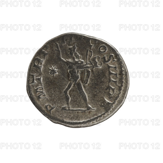 Denarius, Elagabalus (Roman emperor, 218–222 CE). Obverse: IMP ANTONINVS PIVS AVG — Bust of Elagabalus with laurel wreath and paludamentum facing right; pearl border. Reverse: PM TR P IIII CO, III PP — Sol naked with a cloak on his shoulders striding left, right hand raised, holding a whip in his left hand, star in left field; pearl border. Date: 221 CE. Roman Empire. Coin; diameter 18.5–19.5 mm; weight 3.35 g.