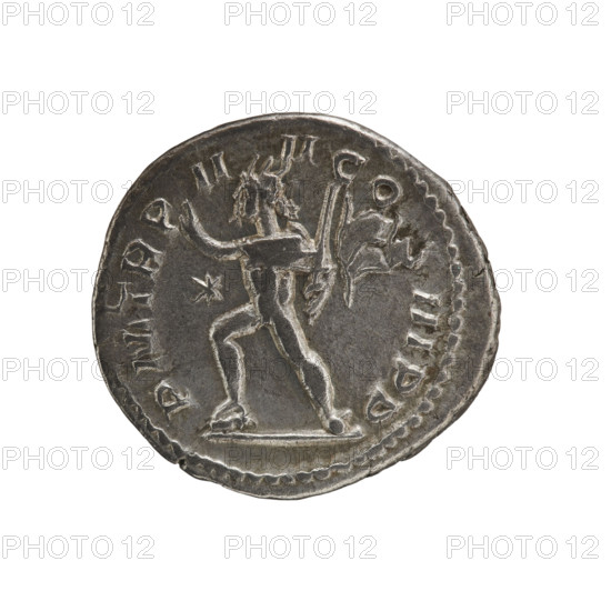 Denarius of Elagabalus (reigned 218–222). Obverse: Bust of Elagabalus with laurel wreath and paludamentum facing right, pearl rim, legend IMPANTONINVSPIVSAVG. Reverse: Sol naked, with a cloak on his shoulders, runs to the left, right hand raised, holding a whip in the left; star in the left field, pearl rim; dated 221. Roman Empire (27 BC–476). Coin; diameter ~19.0–19.5 mm; weight 3.02 g.