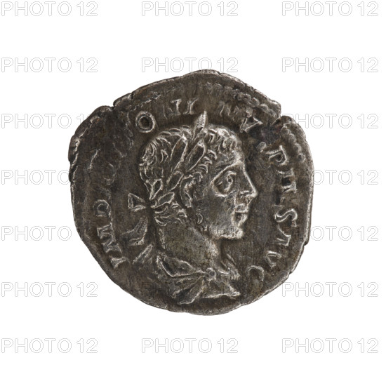 Denarius, Elagabalus (reigned 218–222). Obverse: IMP ANTONINVS PIVS AVG — Bust of Elagabalus with laurel wreath and paludamentum facing right, pearl rim. Reverse: PM TR P IIII COS II P P — Naked figure with a cloak on his shoulders running left, right hand raised, holding a whip in his left hand; star in the left field, pearl rim. Date: 221. Roman Imperial coin (27 BC–476 AD), struck in Rome. Diameter: 18.0–18.5 mm. Weight: 2.65 g.