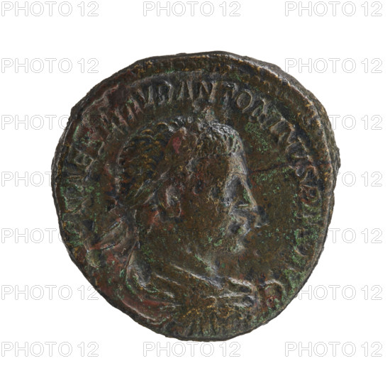 Sestertius of Elagabalus (204–222; Roman emperor 218–222). Obverse: Bust of Elagabalus in laurel wreath, armor and paludamentum to the right; inscription IMPCAESMAVRANTONINVSPIVSAVG; pearl border. Reverse (221): Sol naked with a cloak on his shoulders, striding to the left, right hand raised, holding a whip in the left, star in left field; inscriptions PM, IIICOSIIIP and SC on the sides; pearl border. Coin, Roman Empire (27 BC–476); diameter ~29.0–29.5 mm, weight 20.10 g.