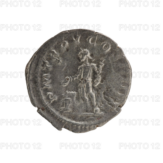 Denarius, Elagabalus (204–222; Roman emperor 218–222). Obverse: IMPANTONINVSPIVSAVG — Bust of Elagabalus with laurel wreath and paludamentum facing right, pearl rim. Reverse: PMTRPVCOSIIIPP — Elagabalus in a long robe stands facing left, holds a patera above an altar in his right hand and a club in his left; in the left field, a star at the top; pearl rim. Date: 222. Roman Empire (27 BC–476), Rome. Coin: diameter 19.0 mm, weight 2.75 g.