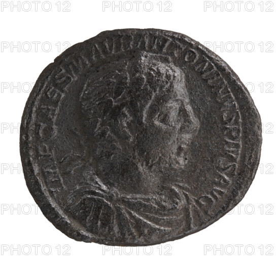Elagabalus (reigned 218–222). Obverse: IMP CAES MAVR ANTONINVS PIVS AVG — Bust of Elagabalus in laurel wreath, armor and paludamentum facing right; pearl border. Reverse: PM TR P IIII COS II P P — Elagabalus in long robe stands facing left, holds a patera above an altar in his right hand and a mace in his left; a figure with raised hand by the altar at left, a star in the right field, SC on the sides; pearl border. 221 CE; Roman Empire; Rome. Coin; diameter 23.0–25.0 mm; weight 10.67 g.