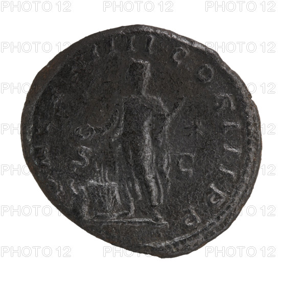 Elagabalus (204–222; Roman emperor 218–222). Obverse: IMPCAESMAVRANTONINVSPIVSAVG — Bust of Elagabalus in laurel wreath, armor and paludamentum facing right; pearl border. Reverse: PMTRPIIIICOSIIIPP — Elagabal in long robe stands facing left, holds a patera above the altar in his right hand and a mace in his left; by the altar on the left a figure with a raised hand; a star in the right field; SC on the sides; pearl border. Date: 221. Roman Empire (27 BC–476). Rome. Coin; diameter 23.0–25.0 mm; weight 10.67 g.