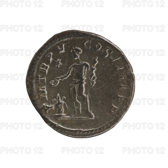 Denarius of Elagabalus (reigned 218–222 CE), Roman Empire. Obverse: Bust of Elagabalus with laurel wreath and paludamentum facing right, pearl rim; inscription IMP ANTONINVS PIVS AVG. Reverse: Elagabalus in a laurel wreath and long robe standing left, holding a patera above an altar in his right hand and a club in his left; star in left field; inscription PM TR PV COS III PP. Date: 222 CE. Coin diameter ~18.5–19.0 mm; weight 2.77 g.