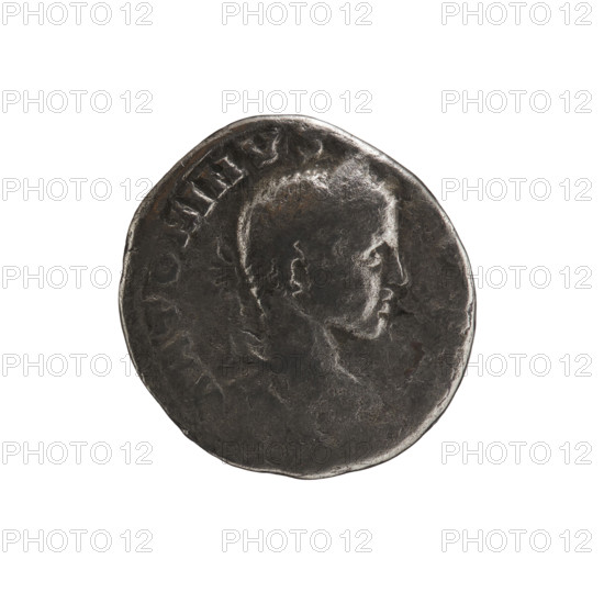 Denarius of Elagabalus (reigned 218–222). Obverse: ANTONINVS, bust of Elagabalus wearing a laurel wreath and paludamentum, facing right; pearl rim. Reverse: TEMP, ship with rowers and helmsman sailing left, stern decorated with an acrostolion and legionary sign, mast at the front, central legionary sign; pearl rim. Date: 218–219. Roman Empire (27 BC–476). Coin. Diameter 17.0–18.0 mm, weight 2.78 g.