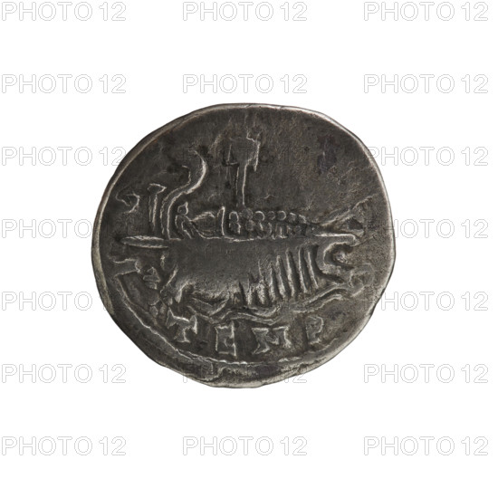 Denarius of Elagabalus (reigned 218–222). Obverse: ANTONINVS, bust of Elagabalus with laurel wreath and paludamentum facing right, pearl rim. Reverse: FE; in the field TEMP, ship with rowers and helmsman sailing left, stern decorated with an acrostolion and legionary sign, mast at the front, legionary sign in the centre, pearl rim. Date: 218–219. Roman Empire (27 BC–476). Material: coin. Diameter: 17.0–18.0 mm. Weight: 2.78 g.