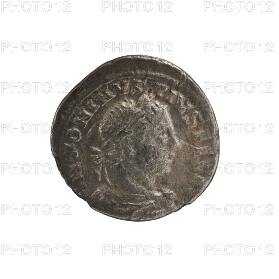 Denarius, Elagabalus (reigned 218–222). Obverse: ANTONINVS PIVS FEL AVG — Bust of Elagabalus with laurel wreath and paludamentum facing right, pearl rim. Reverse: SANCT DEO SOLI ELAGABAL — 'Elagabal' stone decorated with four umbrellas, on a quadriga riding to the right, pearl rim. Date: 218–219. Roman Empire (27 BC–476). Coin. Diameter: 17.0–17.5 mm. Weight: 2.65 g.
