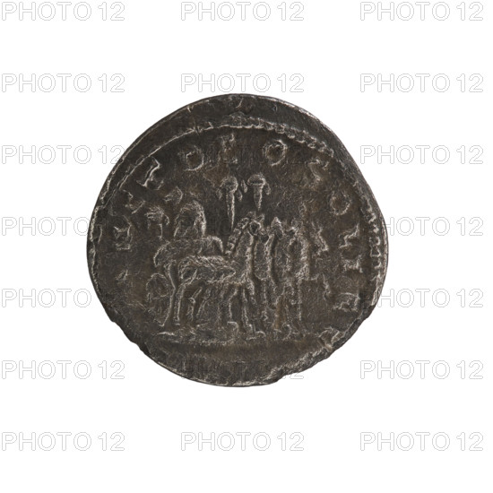 denarius, Elagabalus (204–222; Roman emperor 218–222). Obv.: ANTONINVS PIVS FEL AVG — Bust of Elagabalus with laurel wreath and paludamentum facing right, pearl rim. Rev.: SANCT DEO SOLI ELAGABAL — 'Elagabal' stone decorated with four umbrellas; Elagabal riding a quadriga to the right, pearl rim. Date: 218–219. Roman Empire (27 BC–476). Coin. Diameter 17.0–17.5 mm; weight 2.65 g.