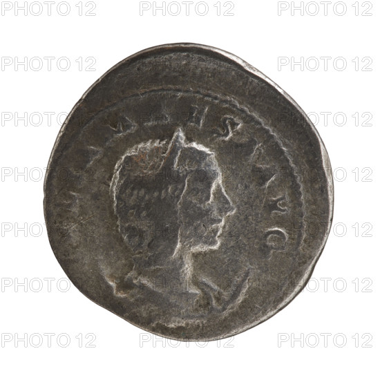 Antoninian, Elagabalus (204–222; Roman emperor 218–222), Julia Maesa (c.160–224; Augusta 218–224). Obverse: IVLIAMAESAAVG — Bust of Julia Maesa in a diadem and drapery against the background of a crescent to the right; pearl border. Reverse: PIETASAVG — Pietas stands upright, head turned left, right hand extended above an altar at her feet, holding a ciborium in her left; pearl border. Date: 218–222. Roman Empire (27 BC–476). Coin (Rome). Diameter: 22.5–23.0 mm. Weight: 4.37 g.