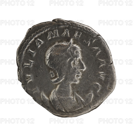 Antoninian of Elagabalus (reigned 218–222) and Julia Maesa (c.160–224). Obverse: IVLIAMAESAAVG — Bust of Julia Maesa in a diadem and drapery, facing right with a crescent behind; pearl border. Reverse: PIETASAVG — Pietas veiled, standing facing, head turned left, right hand extended over an altar at her feet, holding a ciborium in her left hand; pearl border. Date: 218–222. Roman Empire. Coin (Rome). Diameters: 20.0 mm and 22.5 mm. Weight: 4.02 g.