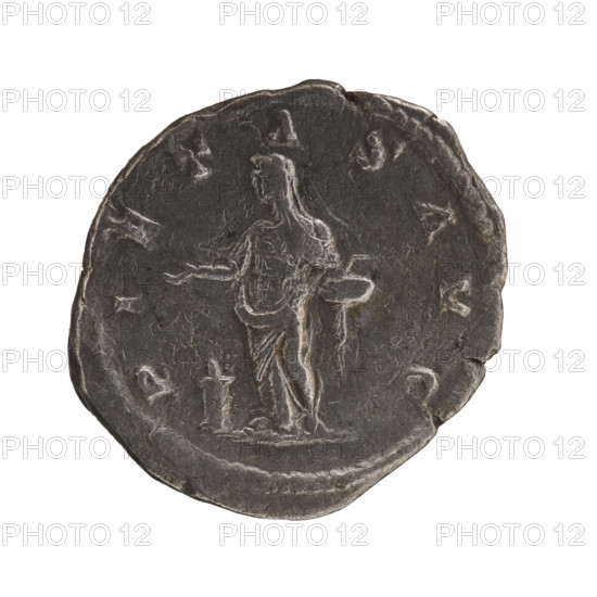 Antoninian, Elagabalus (204–222; Roman emperor 218–222), Julia Maesa (ca. 160–224; Augusta 218–224). Obverse: 'IVLIAMAESAAVG' — Bust of Julia Maesa in a diadem and drapery, facing right, crescent in field, pearl border. Reverse: 'PIETASAVG' — Pietas veiled, standing frontally with head turned left, right hand extended above an altar at her feet, holding a patera in left hand, pearl border. Date: 218–222. Roman Empire; Rome. Coin. Diameter: 20.0–22.5 mm. Weight: 4.02 g.