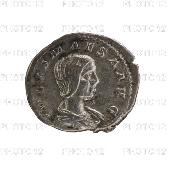 Denarius of Elagabalus (reigned 218–222 AD). Obverse: Draped bust of Julia Maesa facing right, pearl border, inscription 'IVLIA MAESA AVG'. Reverse: Juno (Felicitas personified) standing left, holding a patera in her right hand and a sceptre in her left, pearl border, inscription 'IVNO'. Roman Empire, 218–223 AD. Coin; silver; diameter ~17.5–20.0 mm; weight 3.55 g.